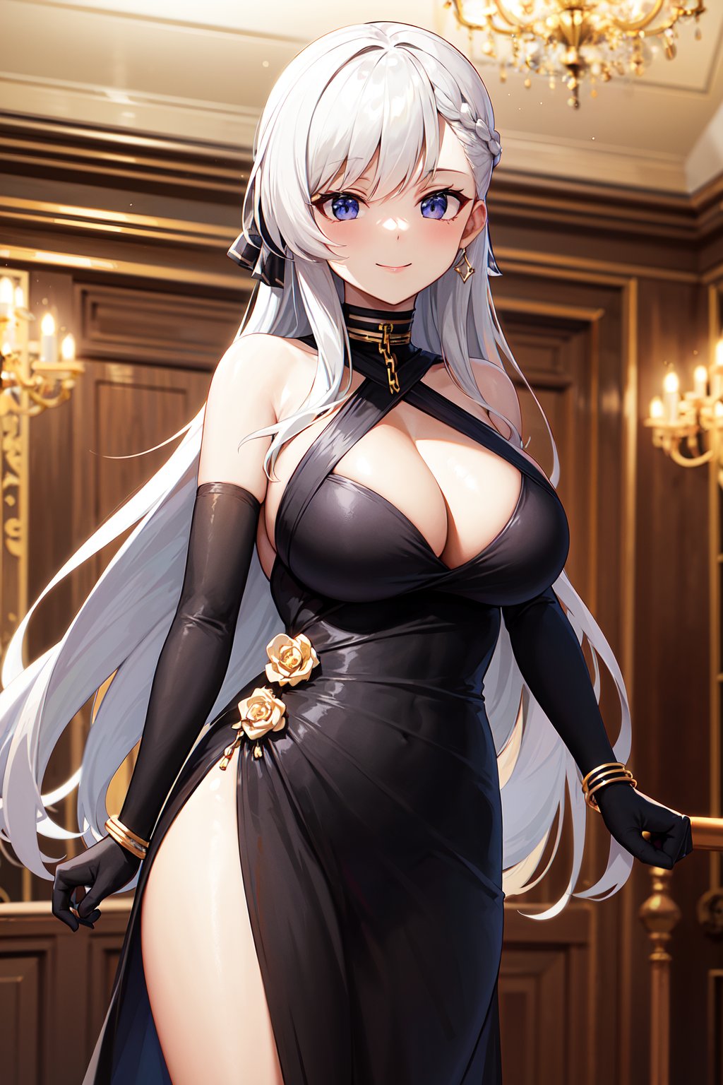 masterpiece, best quality, highres, aabelfast, long hair, french braid, hair ribbon, black ribbon, gold chain, cleavage, bare shoulders, halter dress, bracelet, elbow gloves, black gloves, <lora:belfast_(azur_lane)_v1:0.7>, indoors, chandelier, standing, cowboy shot, smile