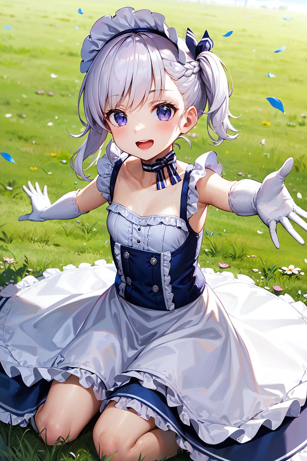 masterpiece, best quality, highres, bbbelfast, aged down, small breasts, maid headdress, blue choker, blue ribbon, frills, maid, sleeveless, white apron, waist apron, white gloves, elbow gloves, <lora:belfast_(azur_lane)_v1:0.7>, field, grass, petals, reaching out, outstretched arms, smile, open mouth, wariza