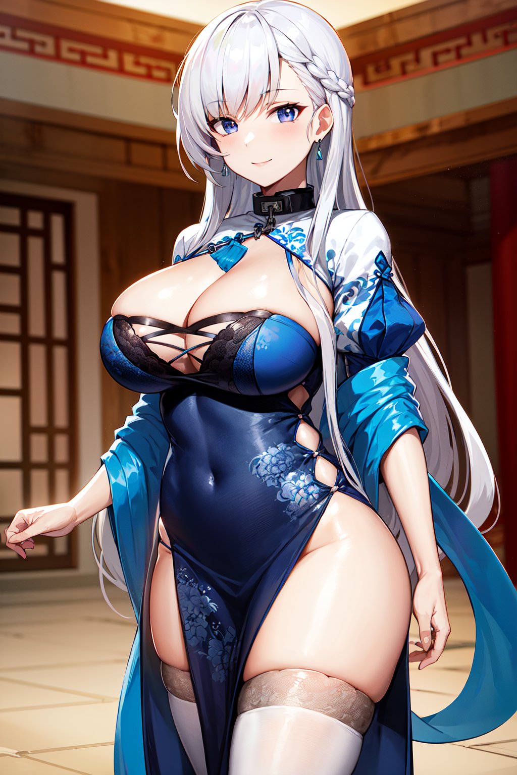 masterpiece, best quality, highres, aabelfast, long hair, french braid, earrings, collar, chain, chinese clothes, clothing cutout, china dress, long sleeves, blue shawl, pelvic curtain, side slit, white thighhighs, <lora:belfast_(azur_lane)_v1:0.7>, standing, smile, cowboy shot