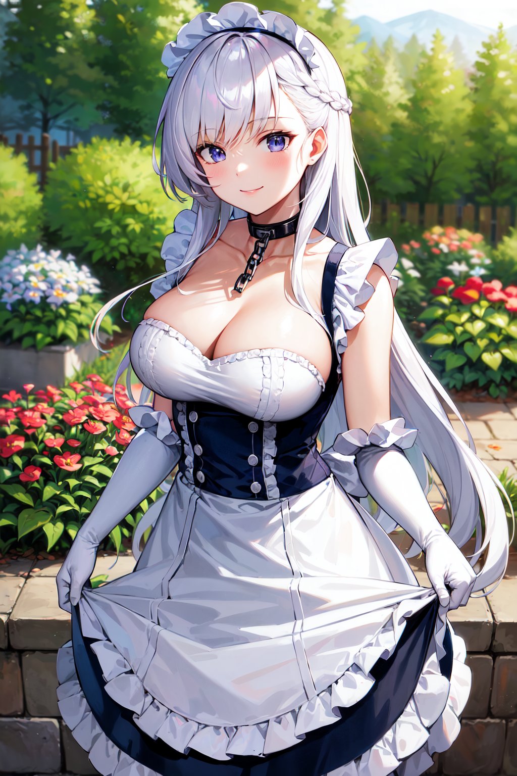 masterpiece, best quality, highres, aabelfast, long hair, french braid, maid headdress, collar, chain, collarbone, cleavage, frills, maid, sleeveless, elbow gloves, white gloves, white apron, <lora:belfast_(azur_lane)_v1:0.7>, cowboy shot, standing, garden, smile,