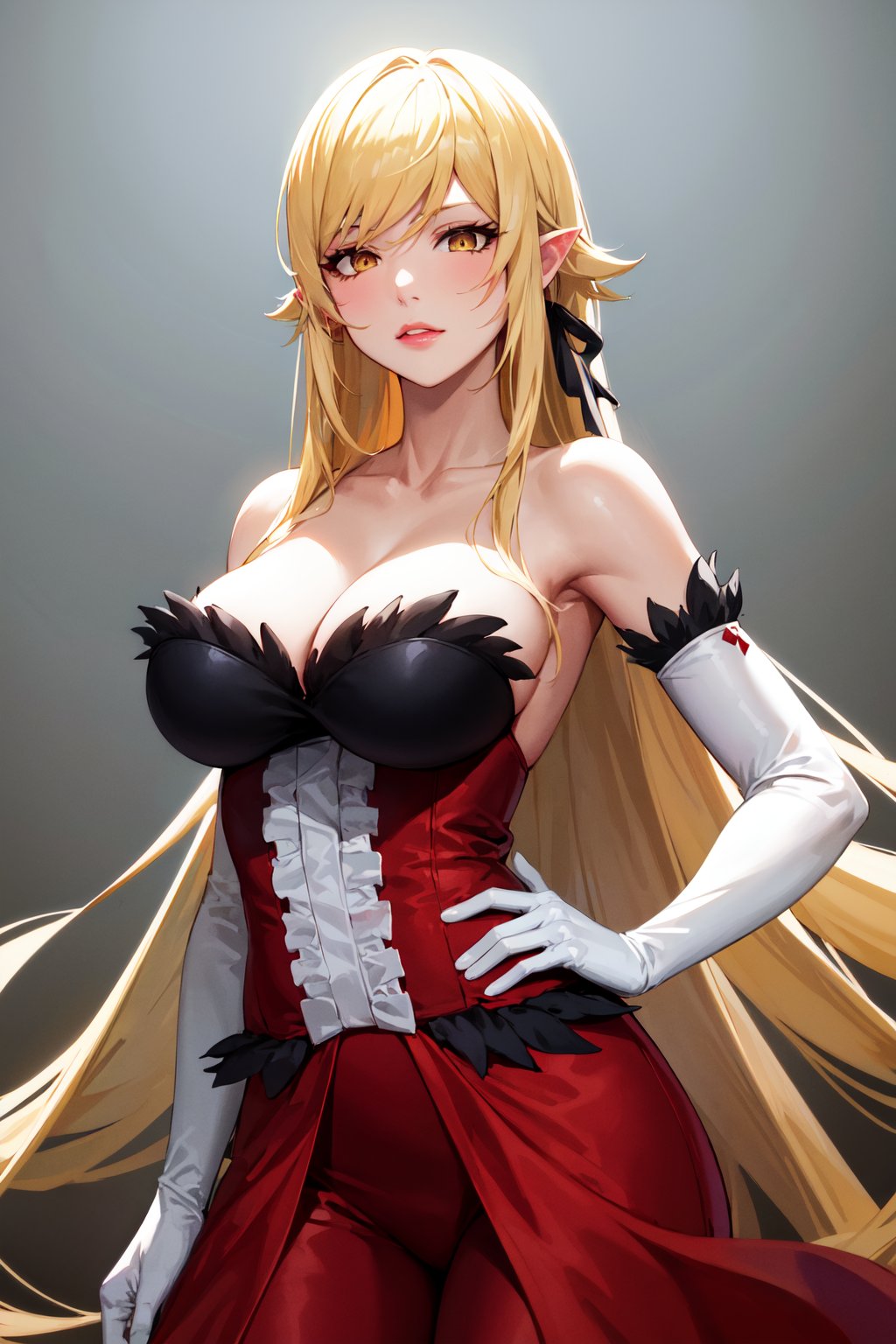 masterpiece, best quality, highres, ddshinobu, hair ribbon, black ribbon, pointy ears, lips, large breasts, collarbone, cleavage, bare shoulders, red dress, elbow gloves, white gloves, <lora:oshino_shinobu_v1:0.8>, standing, cowboy shot