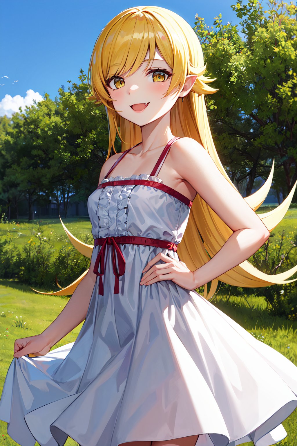 masterpiece, best quality, highres, aashinobu, aged down, long hair, pointy ears, white dress, <lora:oshino_shinobu_v1:0.8>, standing, cowboy shot, smile, fang, outdoors,