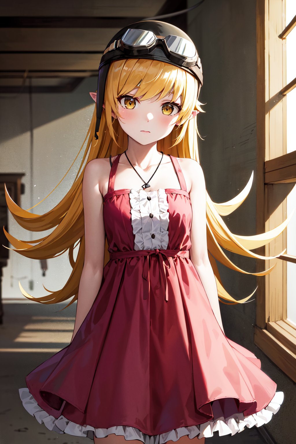 masterpiece, best quality, highres, aashinobu, aged down, long hair, helmet, goggles on headwear, pointy ears, pink dress, <lora:oshino_shinobu_v1:0.8>, expressionless, standing, cowboy shot, ruins, indoors,