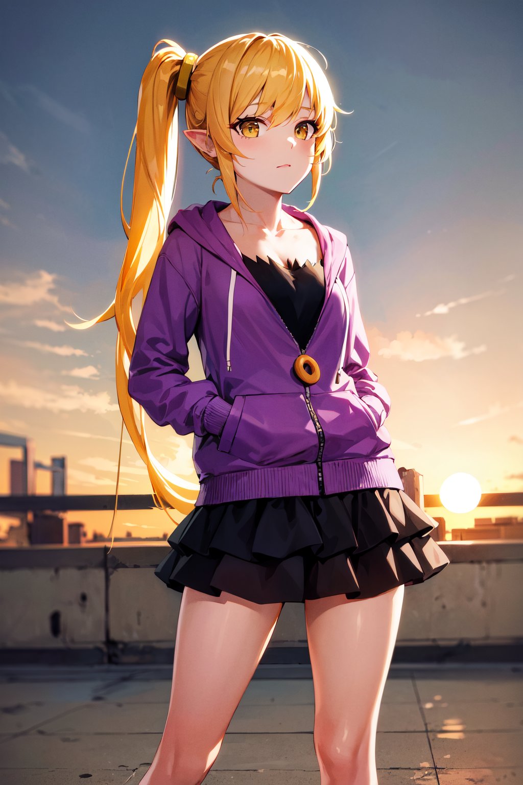 masterpiece, best quality, highres, ccshinobu, aged up, side ponytail, pointy ears, purple hoodie, black skirt, <lora:oshino_shinobu_v1:0.8>, hand on hip, sunset, outdoors, standing, indoors,