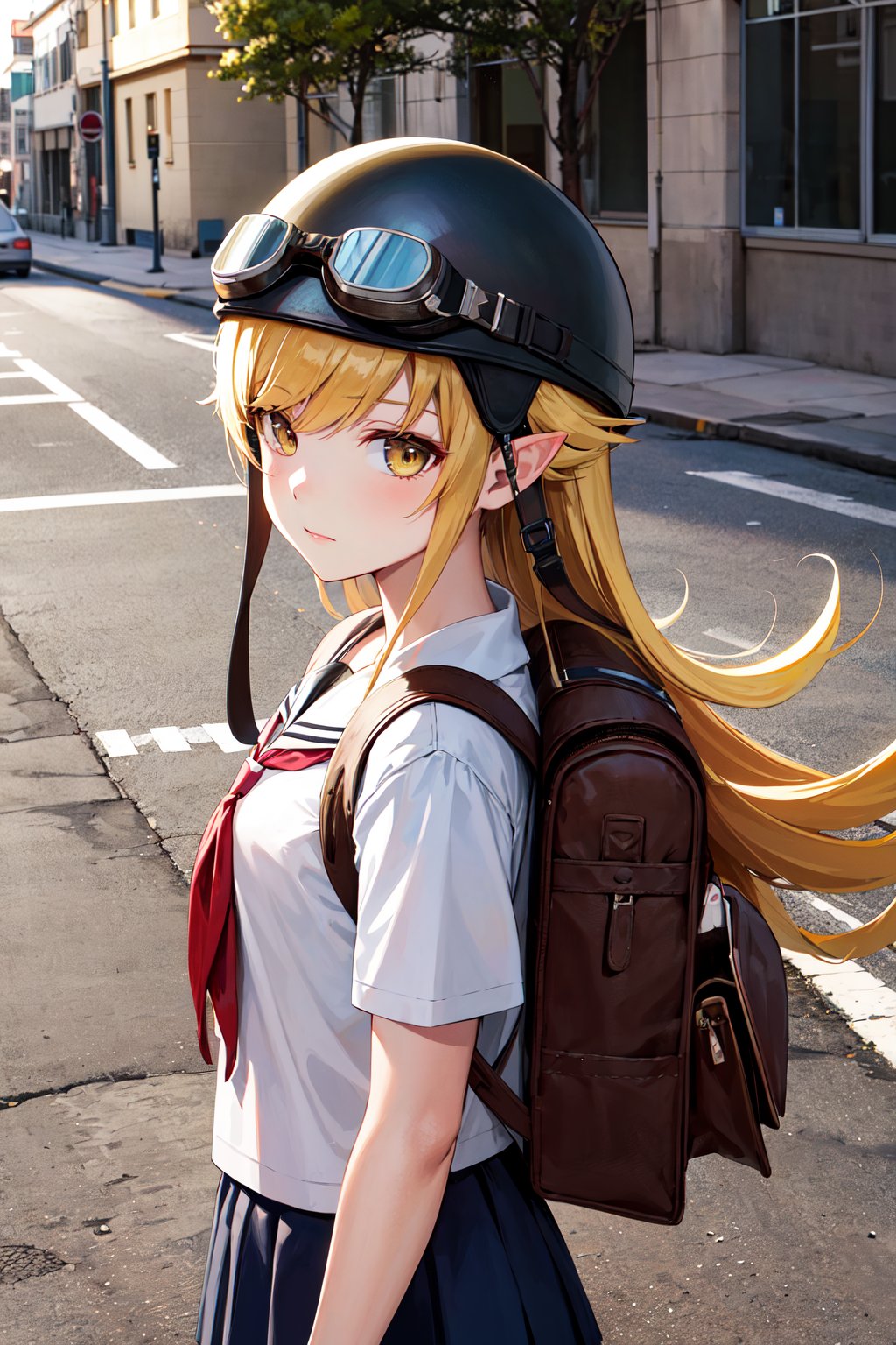 masterpiece, best quality, highres, aashinobu, aged down, long hair, helmet, goggles on headwear, pointy ears, <lora:oshino_shinobu_v1:0.8>, school uniform, serafuku, street, standing, backpack, 