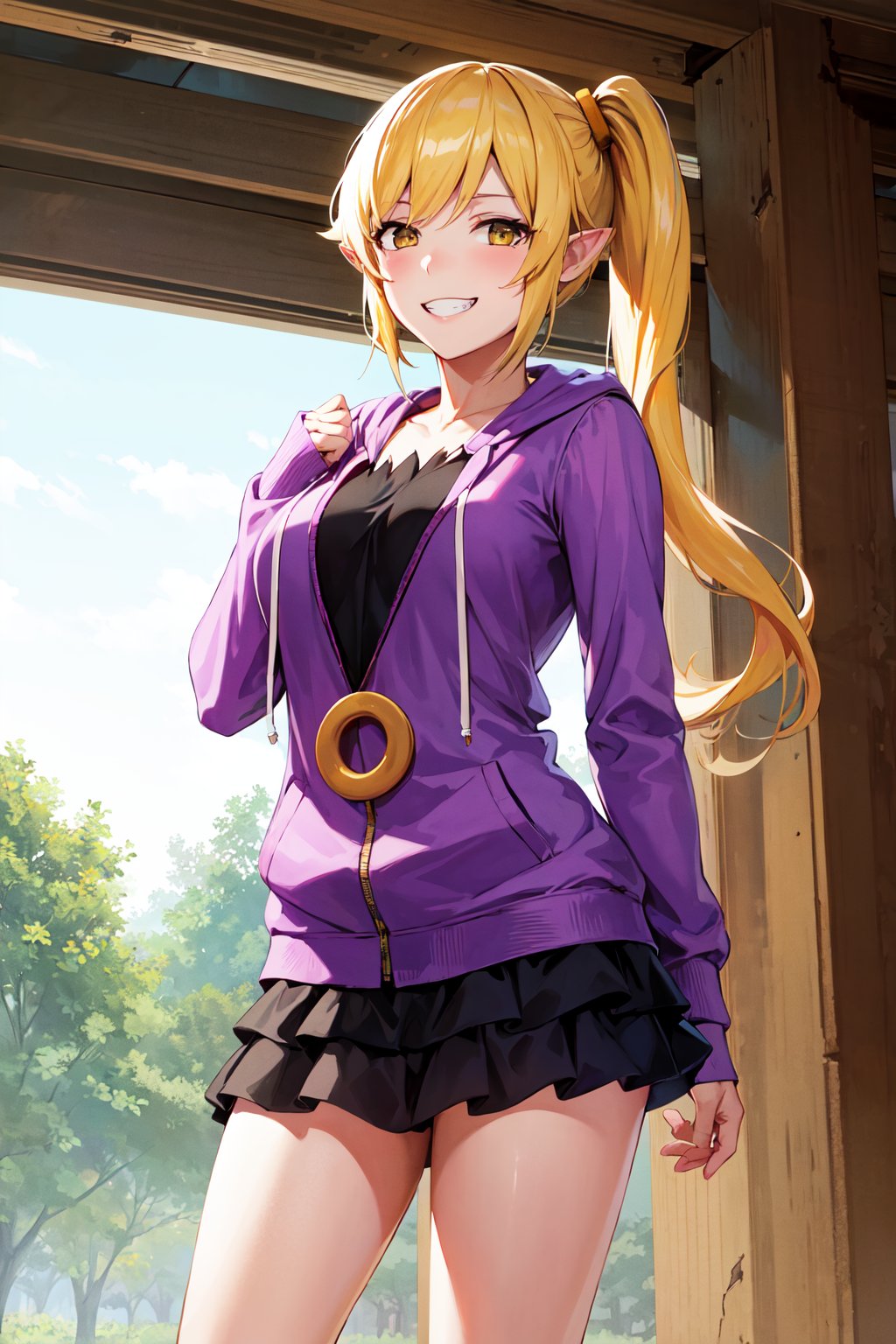 masterpiece, best quality, highres, ccshinobu, aged up, side ponytail, pointy ears, purple hoodie, black skirt, <lora:oshino_shinobu_v1:0.8>, ruins, indroors, standing, cowboy shot, grin