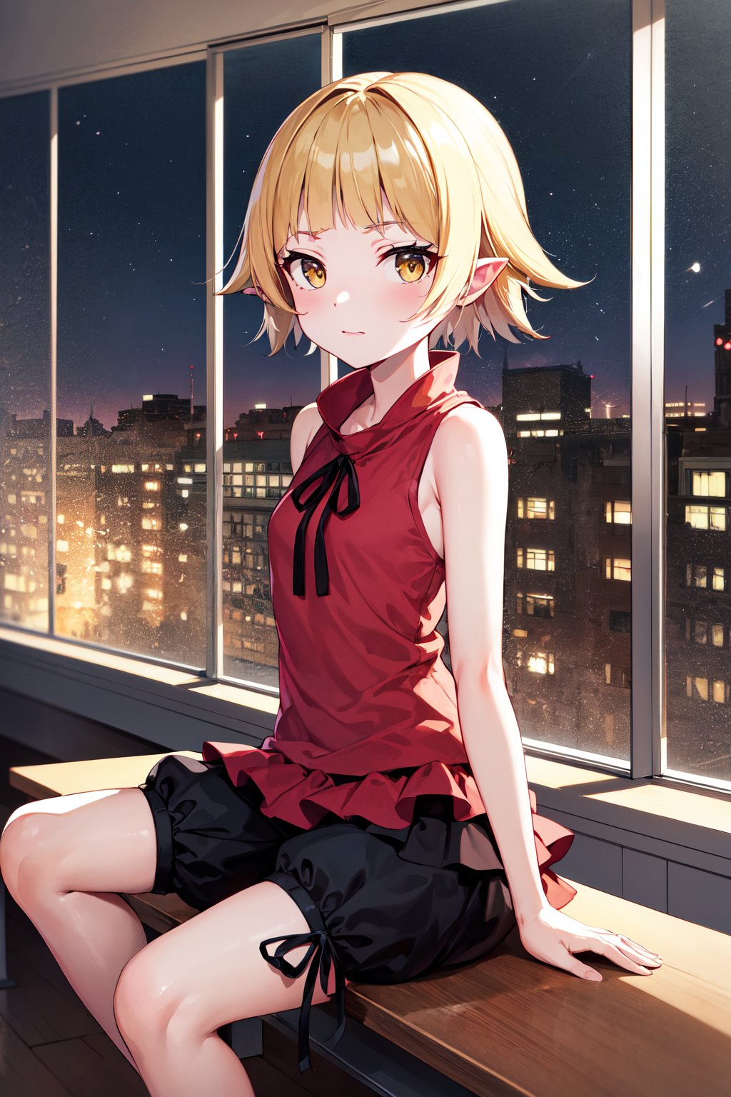 masterpiece, best quality, highres, bbshinobu, aged down, pointy ears, sleeveless shirt, bloomers, <lora:oshino_shinobu_v1:0.8>, classroom, night, sitting,