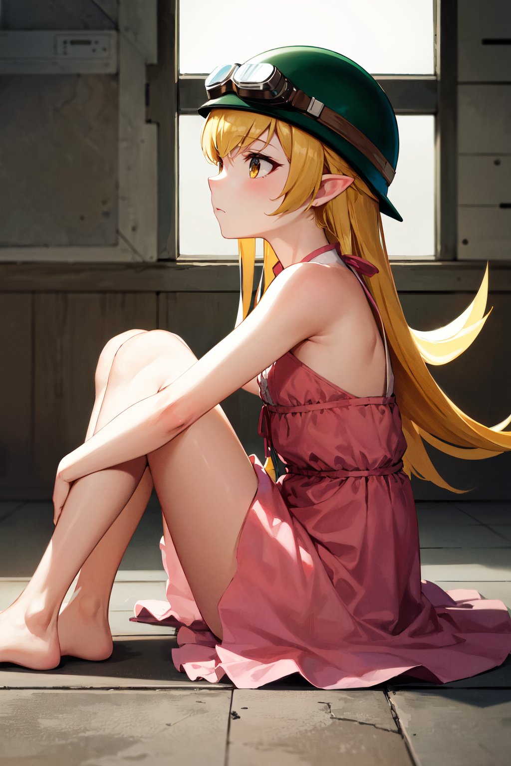 masterpiece, best quality, highres, aashinobu, aged down, long hair, helmet, goggles on headwear, pointy ears, pink dress, <lora:oshino_shinobu_v1:0.8>, sitting, knees up, ruins, on floor, expressionless, from side, 