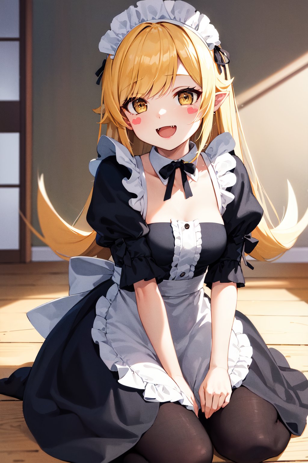 masterpiece, best quality, highres, aashinobu, aged down, long hair, pointy ears,<lora:oshino_shinobu_v1:0.8>, maid headdress, maid, indoors, smile, open mouth, fang, blush stickers, 