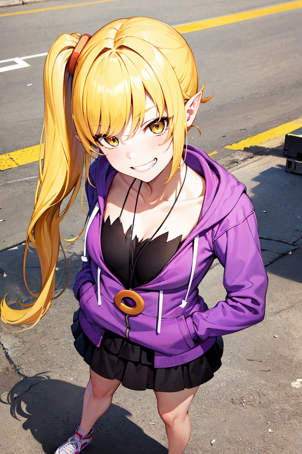 masterpiece, best quality, highres, ccshinobu, aged up, side ponytail, pointy ears, purple hoodie, black skirt, <lora:oshino_shinobu_v1:0.8>, standing, evil grin, standing, from above, 