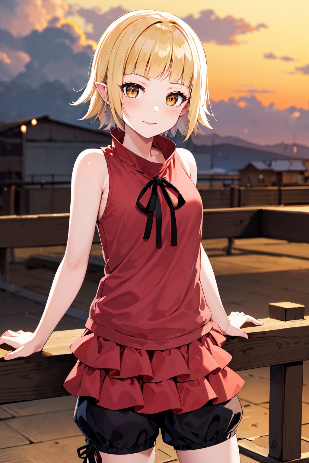 masterpiece, best quality, highres, bbshinobu, aged down, pointy ears, sleeveless shirt, bloomers, <lora:oshino_shinobu_v1:0.8>, factory, outdoors, cowboy shot, standing, cloudy sky, 