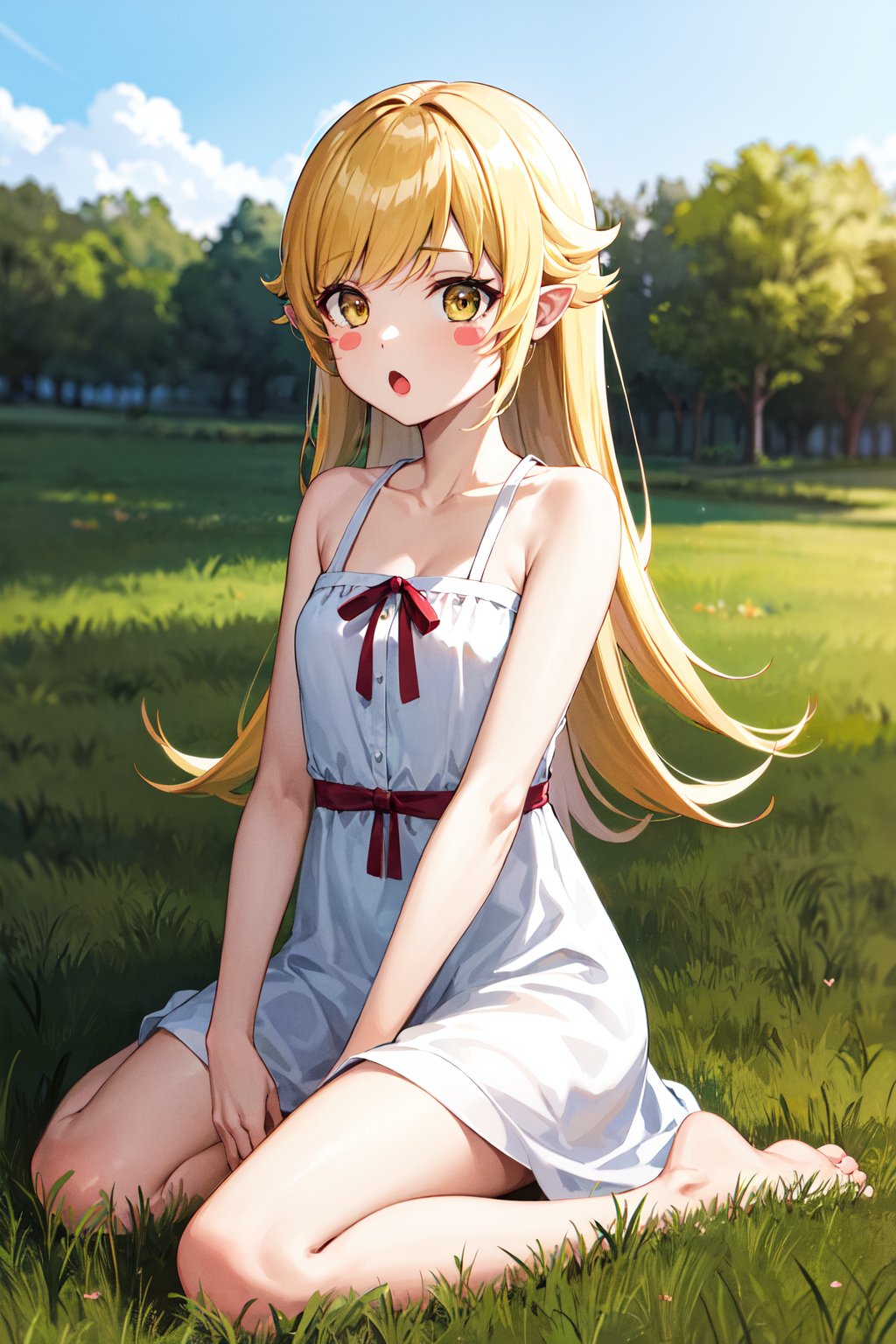 masterpiece, best quality, highres, aashinobu, aged down, long hair, pointy ears, white dress, <lora:oshino_shinobu_v1:0.8>, wariza, outdoors, grass, :o, blush stickers, barefoot