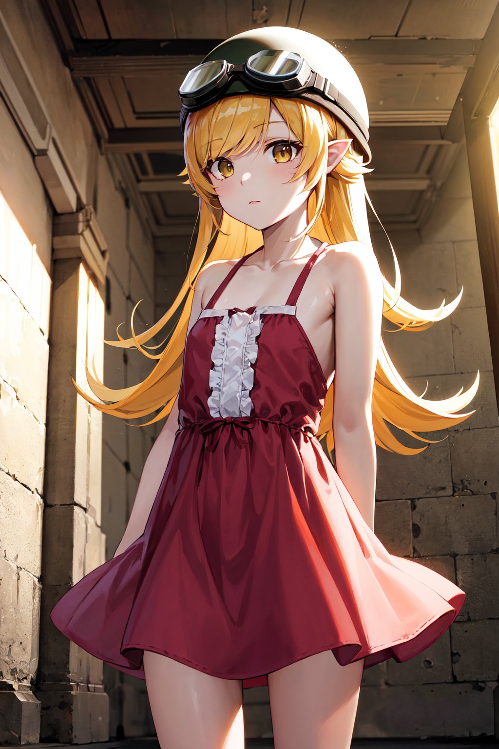 masterpiece, best quality, highres, aashinobu, aged down, long hair, helmet, goggles on headwear, pointy ears, pink dress, <lora:oshino_shinobu_v1:0.8>, expressionless, standing, cowboy shot, ruins, indoors,