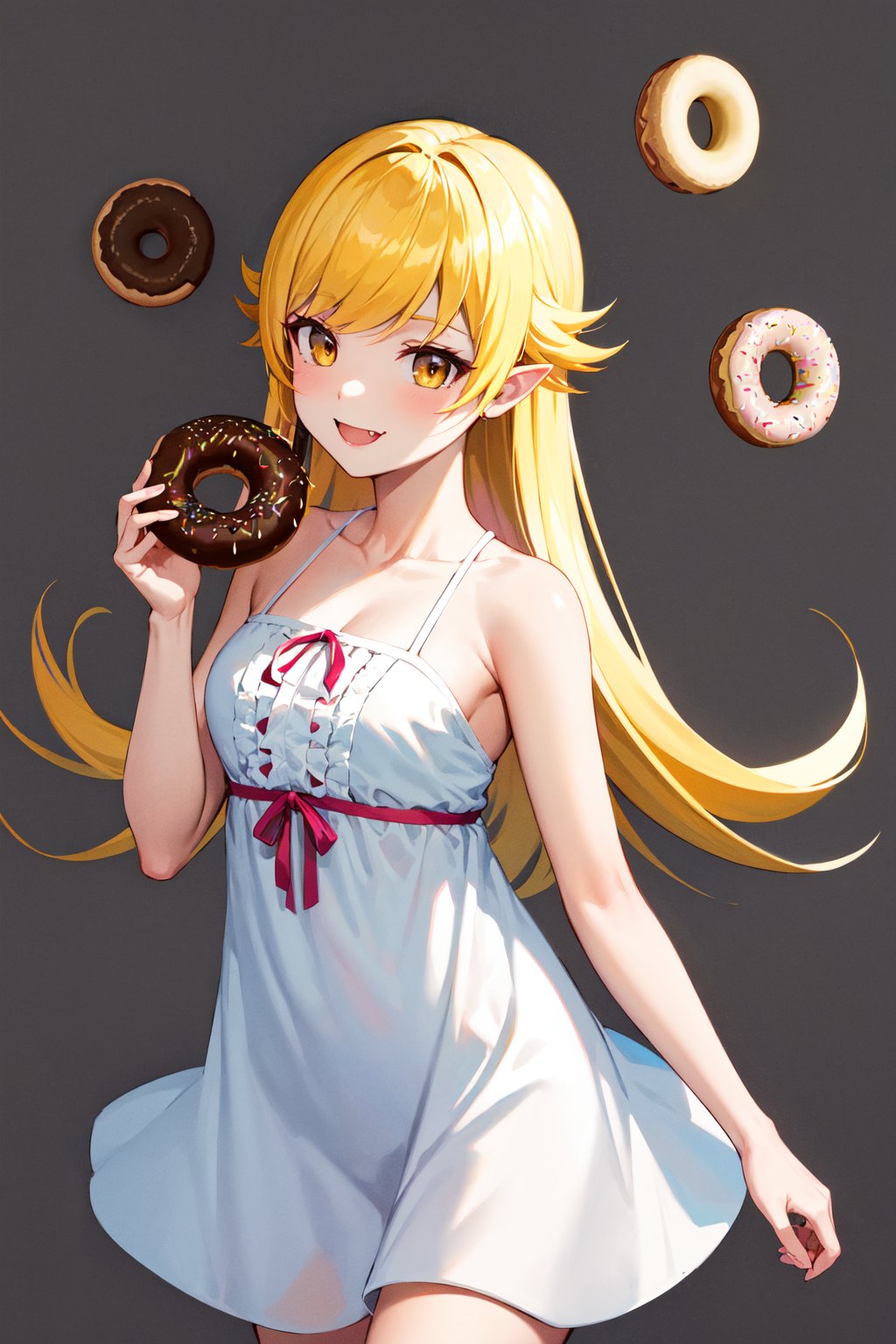 masterpiece, best quality, highres, aashinobu, aged down, long hair, pointy ears, white dress, <lora:oshino_shinobu_v1:0.8>, standing, cowboy shot, smile, fang, (doughnut:1.4), simple background, 