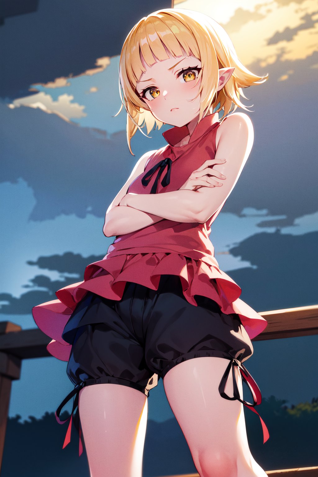 masterpiece, best quality, highres, bbshinobu, aged down, pointy ears, sleeveless shirt, bloomers, <lora:oshino_shinobu_v1:0.8>, factory, outdoors, standing, cloudy sky, crossed arms, night