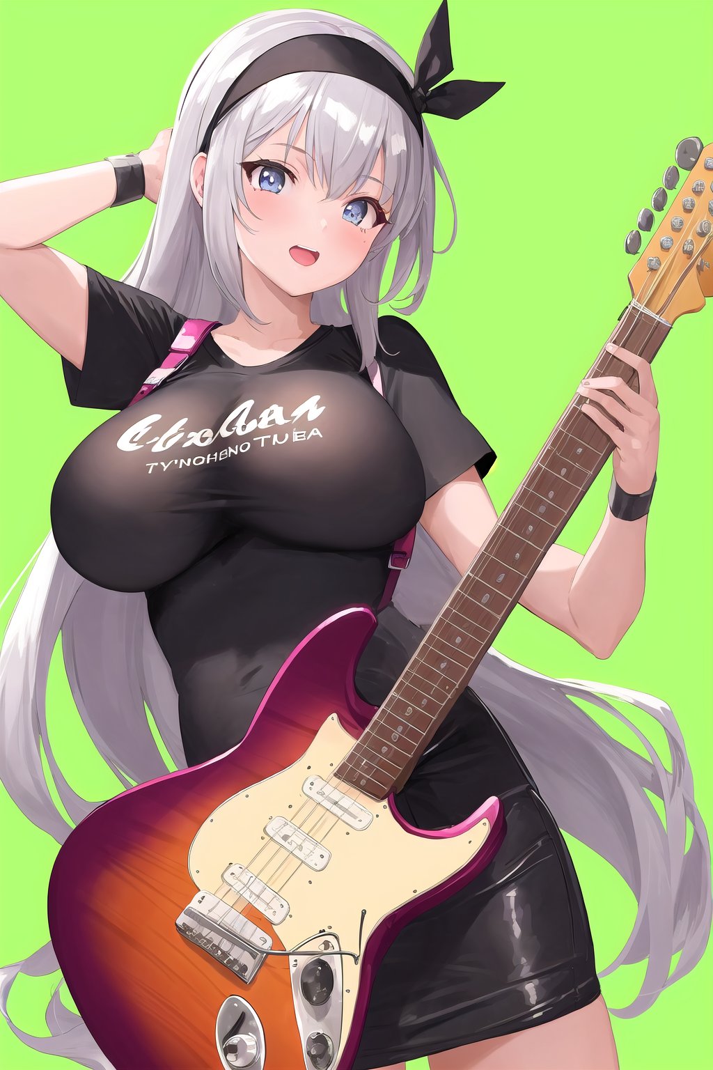 1girl, alternate costume, doodle inset, electric guitar, goatee stubble, headband, instrument, large breast, reference sheet, shirt, t-shirt