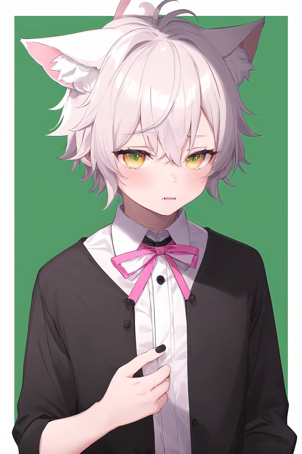 1boy, :3, animal ear fluff, black collar, cat ears, eyelashes, fang, green background, hair ornament, light blush, neck ribbon, outside border, pink nails, red ribbon, shirt, upper body, v, white border, x hair ornament