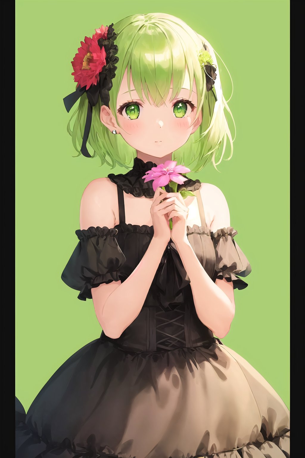 1girl, bare shoulders, closed mouth, dress, flower, green background, hair flower, looking at viewer, own hands together, petals, short hair, upper body, white border