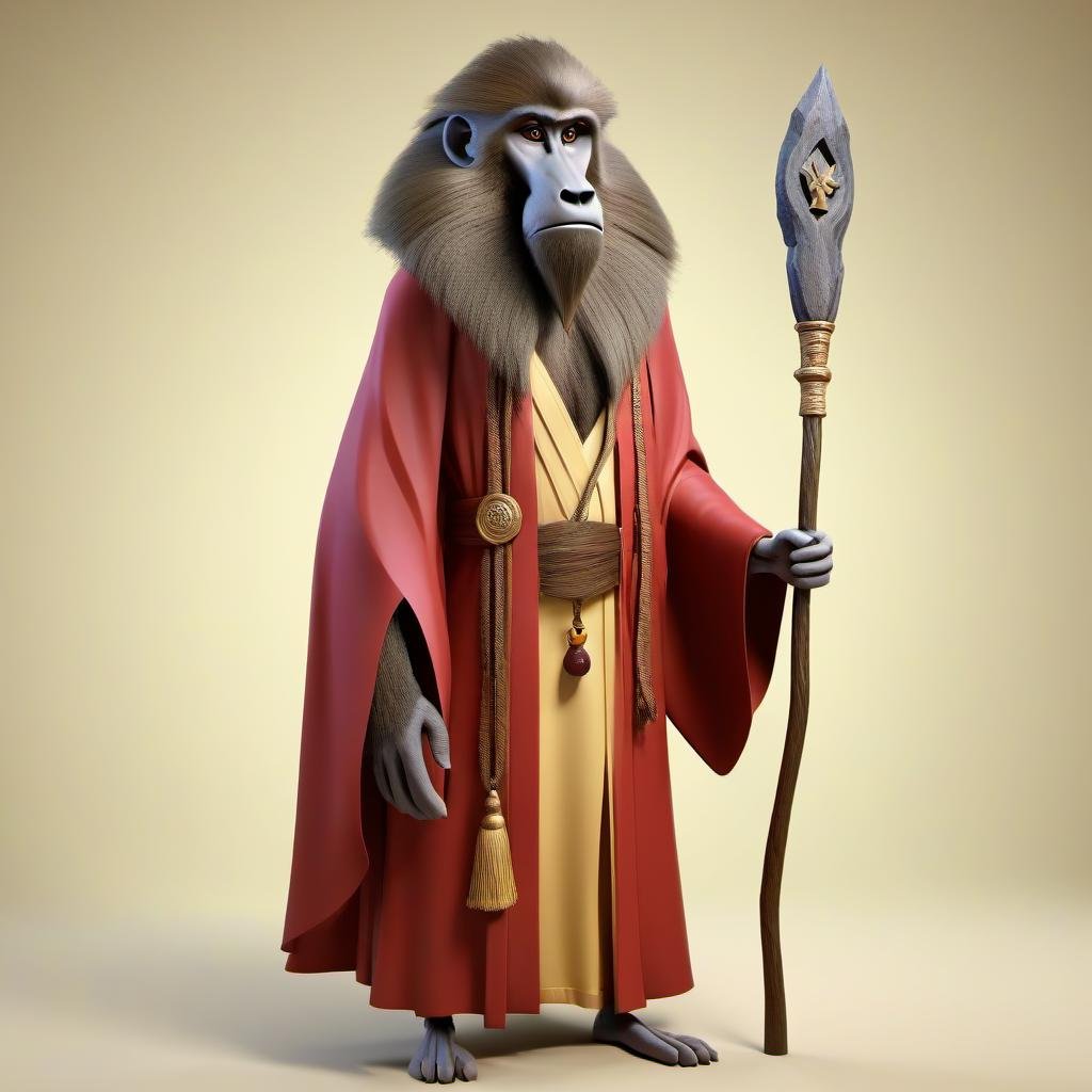 Gelada baboon character standing Wizard, ancient, staff, robes, arcane knowledge, powerful, mystical, sage, mentor, magical, wise.  <lora:STYLIZARD_v1:0.95>