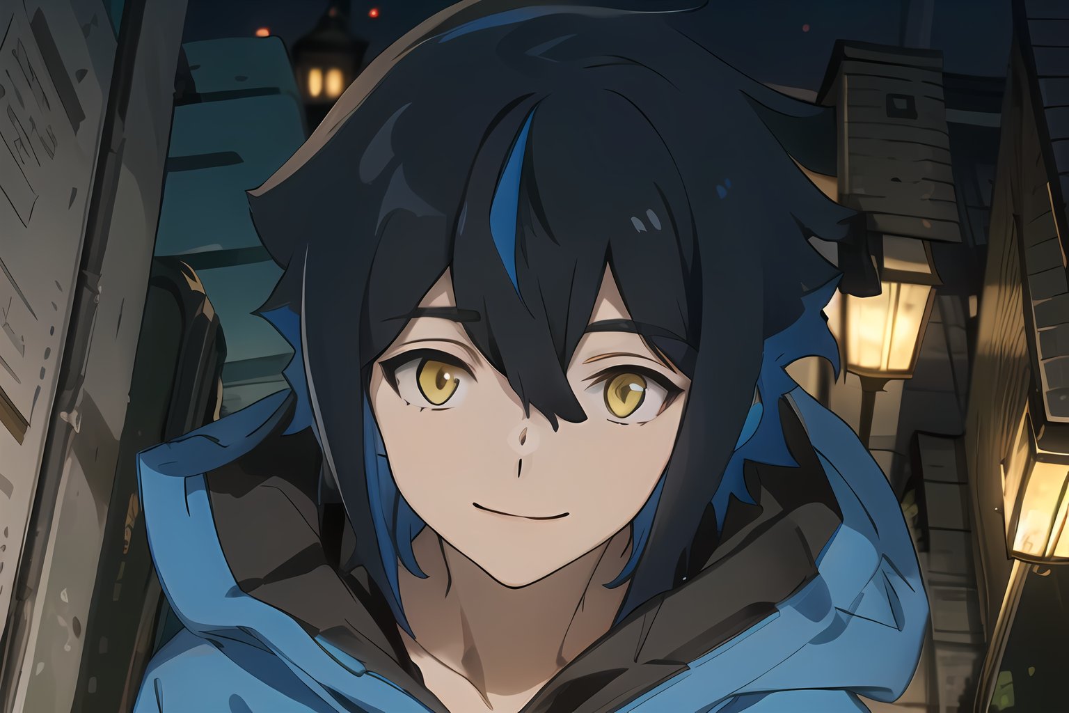 masterpiece, best quality, Looking at viewer, 1boy, solo, male,smile, Hallelujah, multicolor hair,hair between eyes, black hair, blue hair, yellow eyes, outdoor,  night, city, from above, looking up,