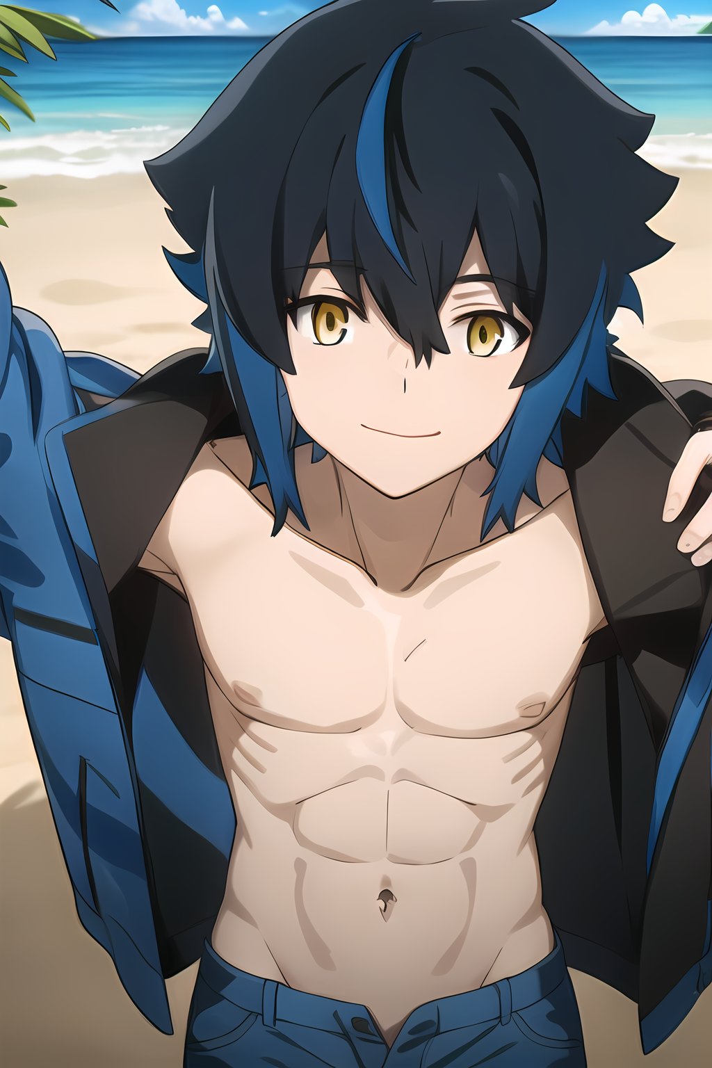 Looking at viewer, 1boy, solo, male,close up, smile, Hallelujah, multicolor hair,hair between eyes, black hair, blue hair, yellow eyes, shirtless shorts, beach,