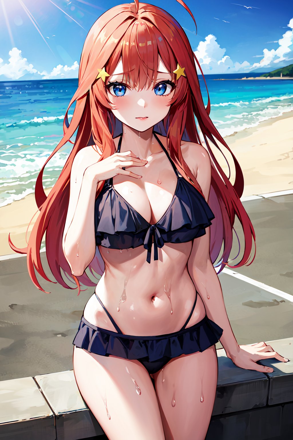 masterpiece, best quality, highres, aaitsuki, long hair, ahoge, star hair ornament, <lora:nakano_itsuki_v1:0.7>, beach, frilled bikini, wet