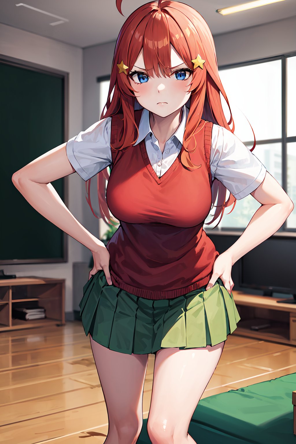 masterpiece, best quality, highres, aaitsuki, long hair, ahoge, star hair ornament, school uniform, red sweater, sweater vest, short sleeves, green skirt, pleated skirt, <lora:nakano_itsuki_v1:0.7>, hand on hip, living room, leaning forward, indoors, standing, frown, 