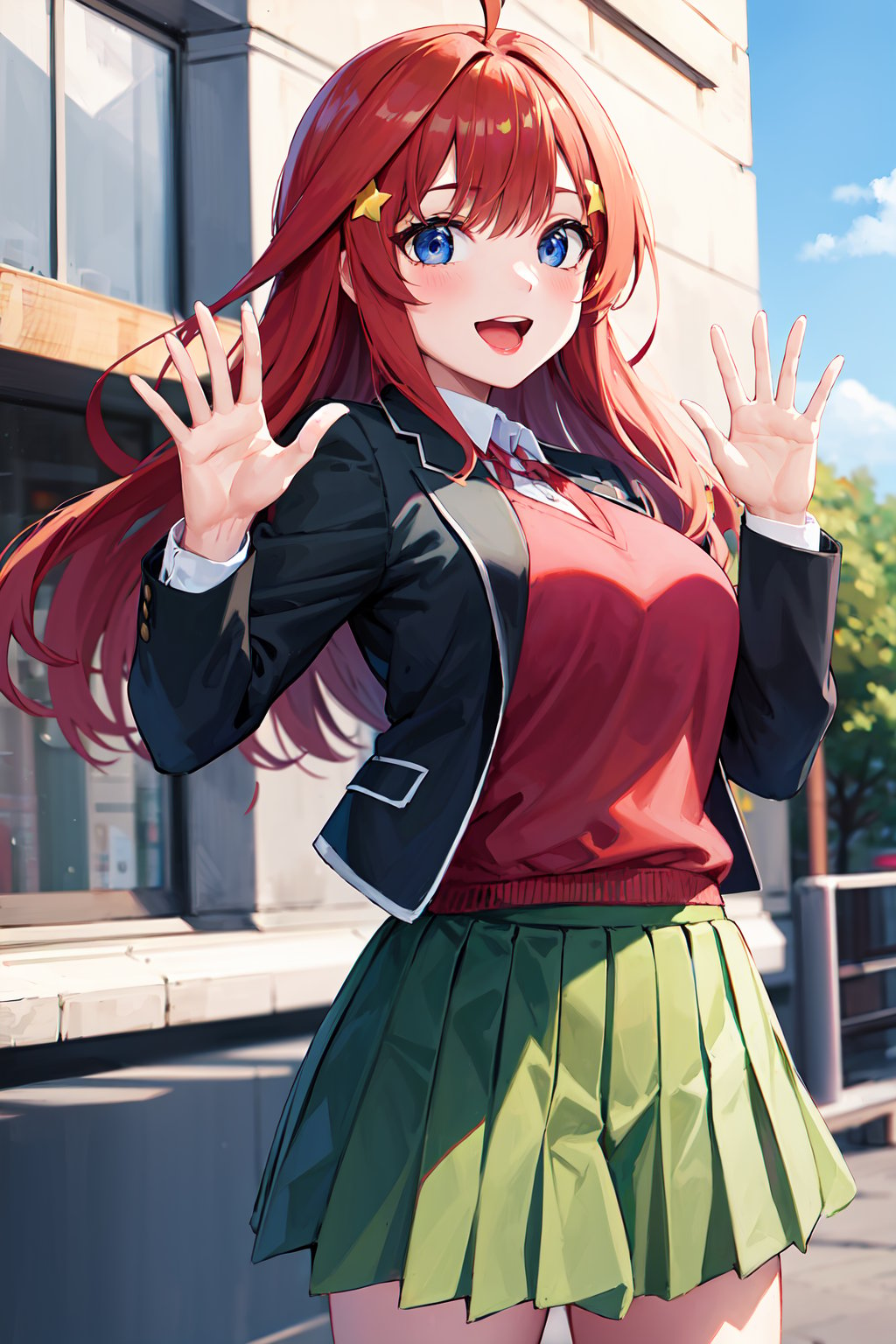 masterpiece, best quality, highres, aaitsuki, long hair, ahoge, star hair ornament, school uniform, blazer, black jacket, open jacket, red sweater, long sleeves green skirt, pleated skirt, <lora:nakano_itsuki_v1:0.7>, cowboy shot, standing, smile, open mouth, outdoors, waving, building, 