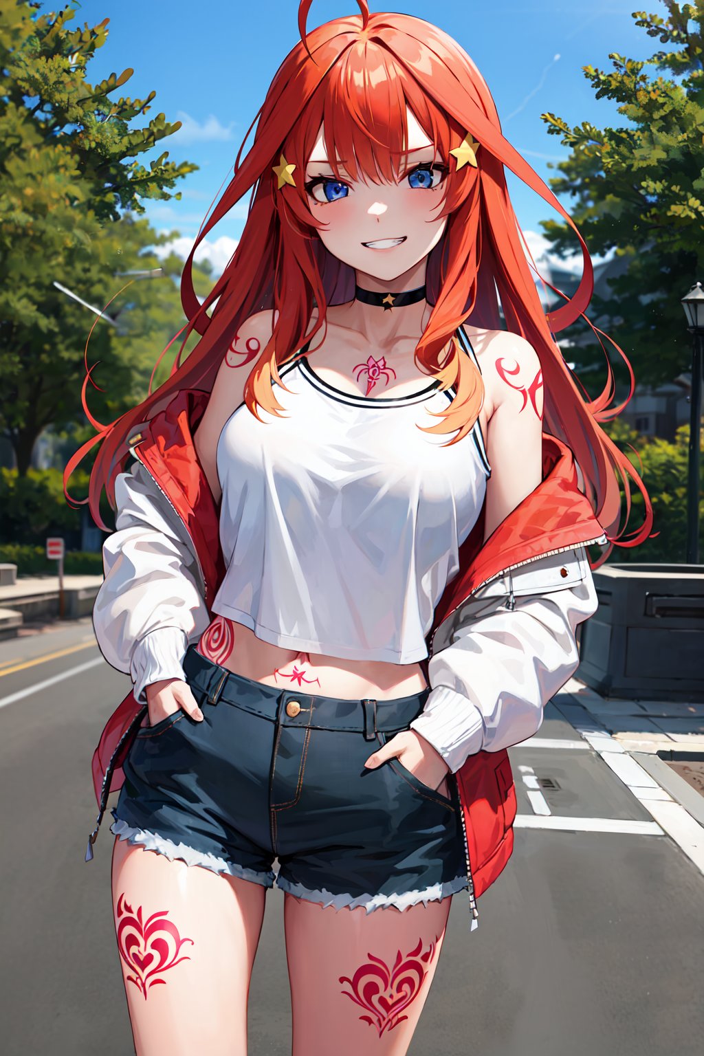 masterpiece, best quality, highres, aaitsuki, long hair, ahoge, star hair ornament, <lora:nakano_itsuki_v1:0.7>, large breasts, choker, jacket, off shoulder, sleeveless, midriff, shorts, hands in pockets, (tattoo:1.3), evil grin, standing, park, outdoors