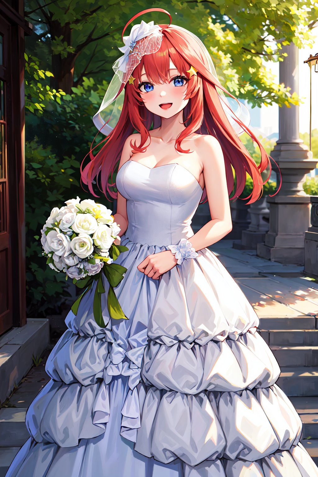 masterpiece, best quality, highres, aaitsuki, long hair, ahoge, star hair ornament, bridal veil, collarbone, bare shoulders, strapless, wedding dress, white dress, wrist cuffs, <lora:nakano_itsuki_v1:0.7>, graden, standing, holding bouquet, smile, open mouth, 