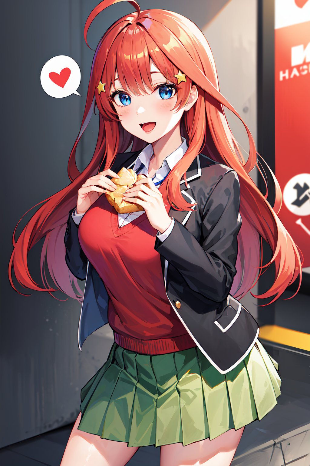 masterpiece, best quality, highres, aaitsuki, long hair, ahoge, star hair ornament, school uniform, blazer, black jacket, open jacket, red sweater, long sleeves green skirt, pleated skirt, <lora:nakano_itsuki_v1:0.7>, cowboy shot, standing, street, holding food, smile, open mouth, spoken heart, 