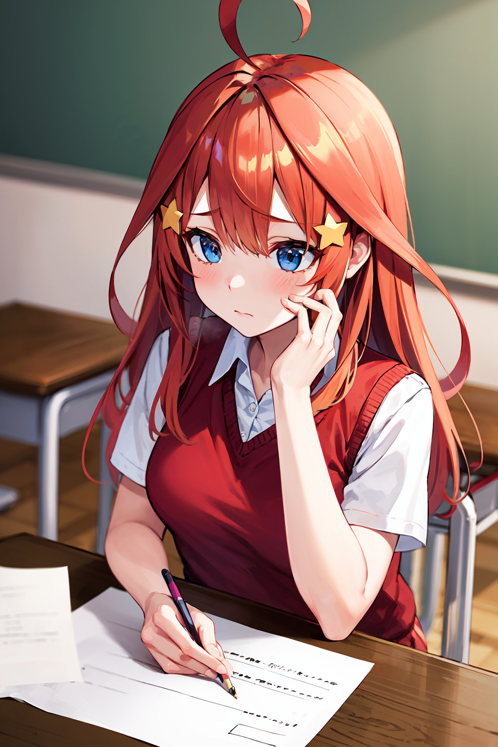 masterpiece, best quality, highres, aaitsuki, long hair, ahoge, star hair ornament, school uniform, red sweater, sweater vest, short sleeves,<lora:nakano_itsuki_v1:0.7>, sitting, desk, paper, sad, upper body, classroom, 