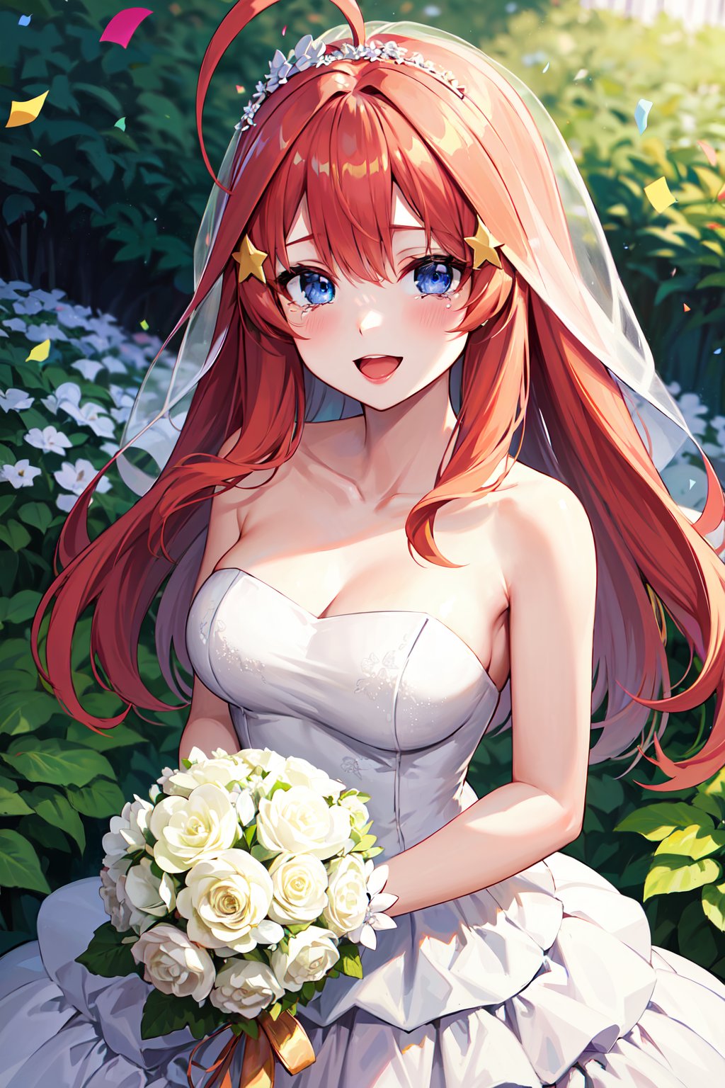 masterpiece, best quality, highres, aaitsuki, long hair, ahoge, star hair ornament, bridal veil, collarbone, bare shoulders, strapless, wedding dress, white dress, wrist cuffs, <lora:nakano_itsuki_v1:0.7>, garden, holding bouquet, bouquet, confetti, tears, open mouth, smile,