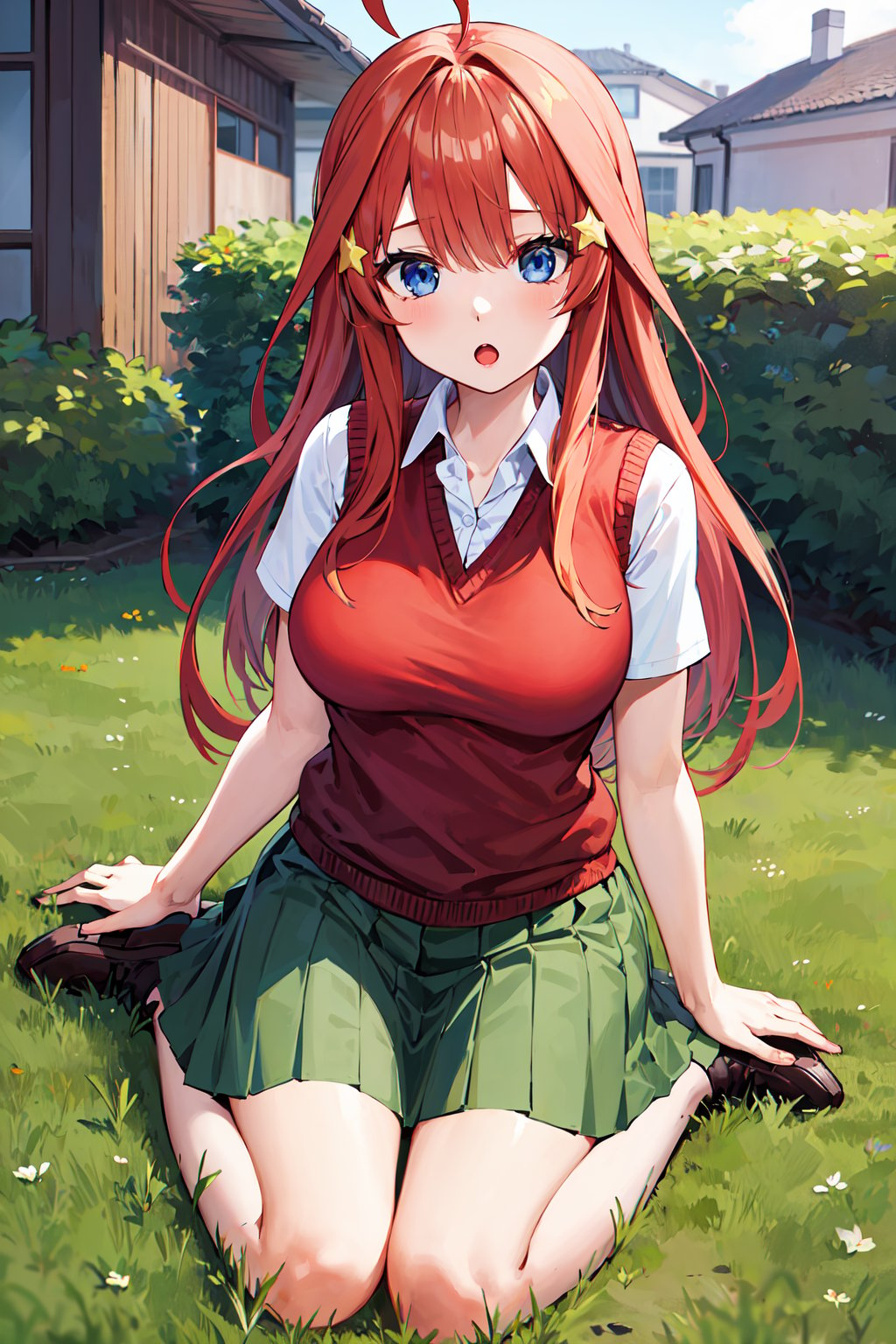 masterpiece, best quality, highres, aaitsuki, long hair, ahoge, star hair ornament, school uniform, red sweater, sweater vest, short sleeves, green skirt, pleated skirt, <lora:nakano_itsuki_v1:0.7>, wariza, grass, building, :o