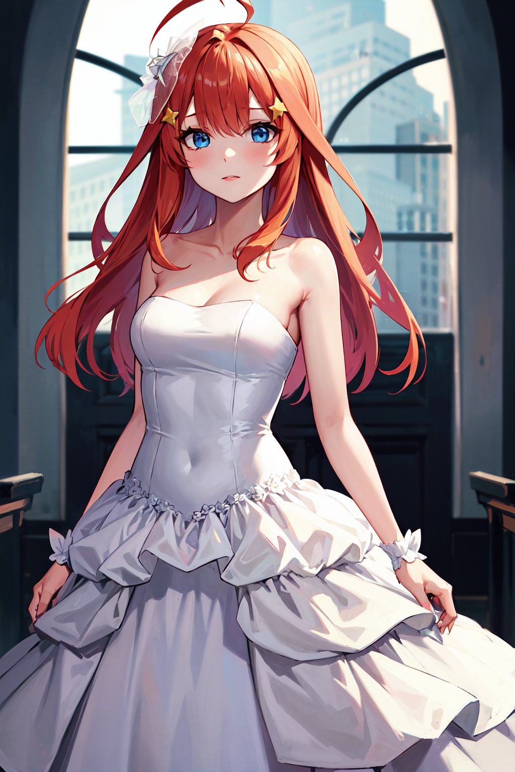 masterpiece, best quality, highres, aaitsuki, long hair, ahoge, star hair ornament, bridal veil, collarbone, bare shoulders, strapless, wedding dress, white dress, wrist cuffs, <lora:nakano_itsuki_v1:0.7>, graden, standing, cowboy shot,