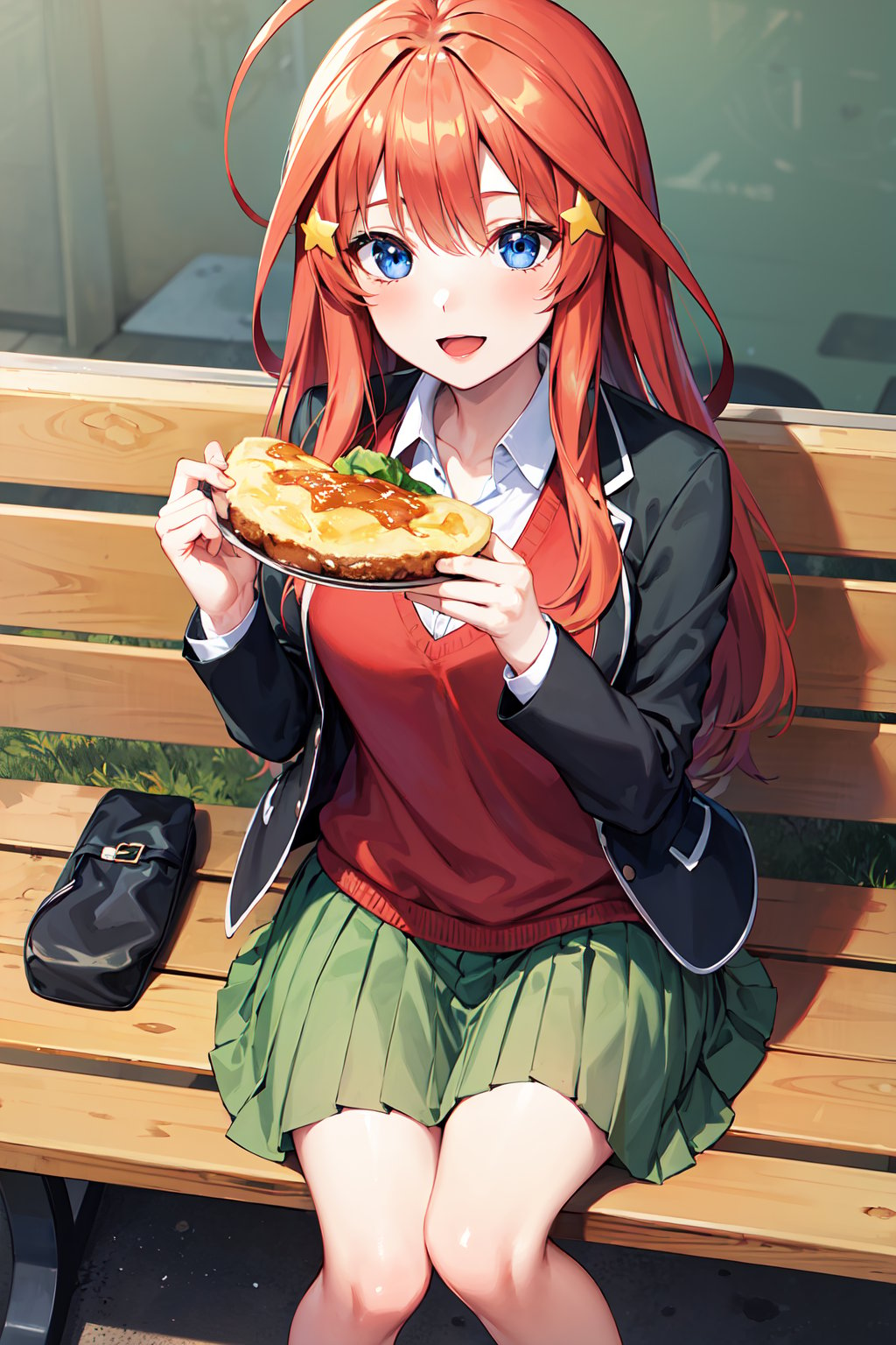 masterpiece, best quality, highres, aaitsuki, long hair, ahoge, star hair ornament, school uniform, blazer, black jacket, open jacket, red sweater, long sleeves green skirt, pleated skirt, <lora:nakano_itsuki_v1:0.7>, sitting, bench, smile, open mouth, food, eating