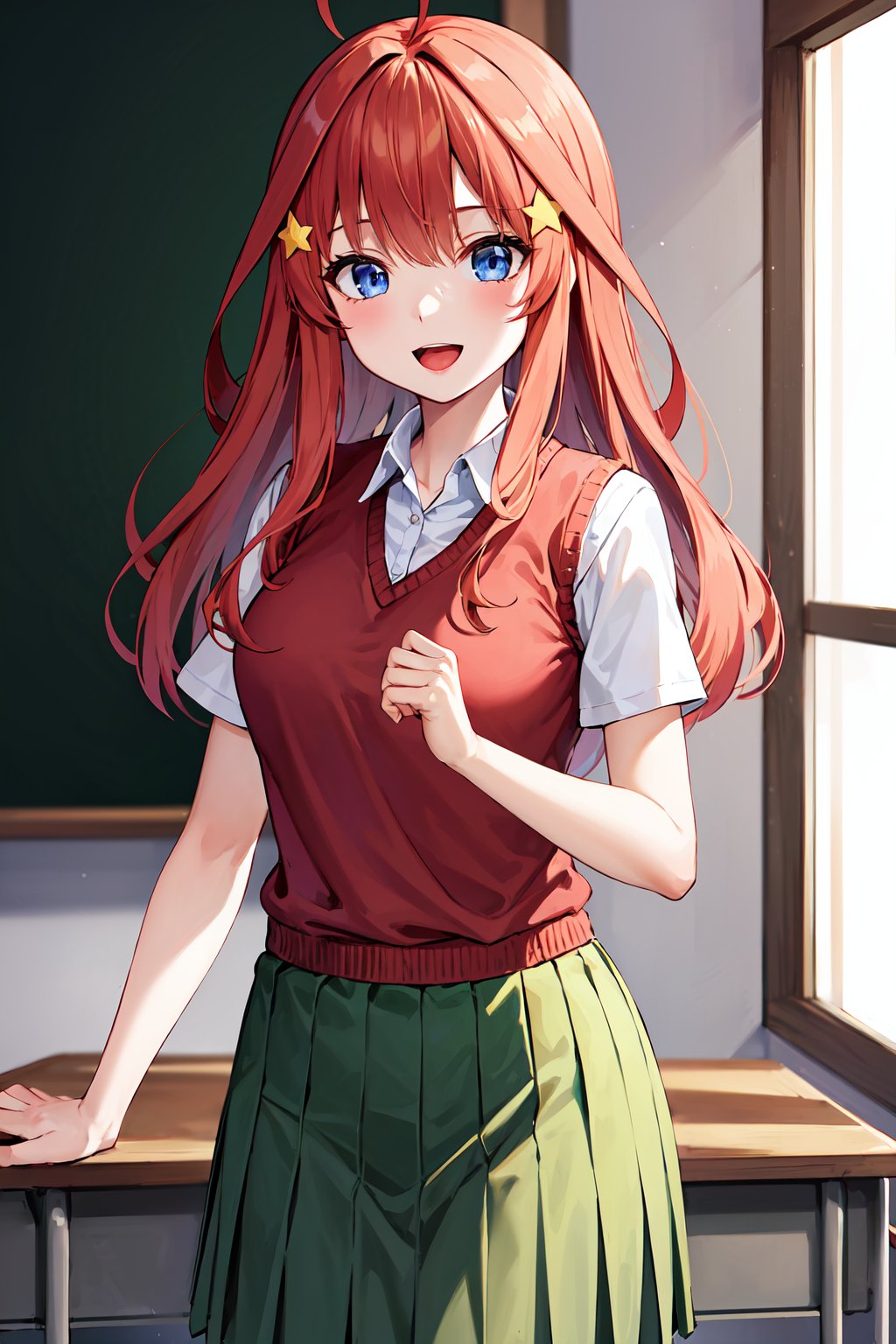 masterpiece, best quality, highres, aaitsuki, long hair, ahoge, star hair ornament, school uniform, red sweater, sweater vest, short sleeves, green skirt, pleated skirt, <lora:nakano_itsuki_v1:0.7>, classroom, indoors, smile, open mouth, standing, cowboy shot,