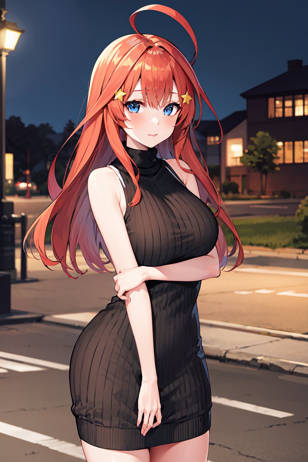 masterpiece, best quality, highres, aaitsuki, long hair, ahoge, star hair ornament, <lora:nakano_itsuki_v1:0.7>, night, street, sweater dress, ribbed sweater, sleeveless, 