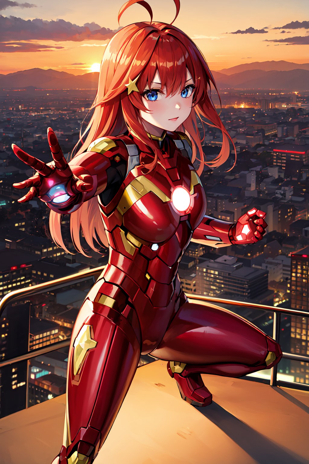 masterpiece, best quality, highres, aaitsuki, long hair, ahoge, star hair ornament, <lora:nakano_itsuki_v1:0.7>, iron man, bodysuit, sunset, fighting stance, open hand, city,