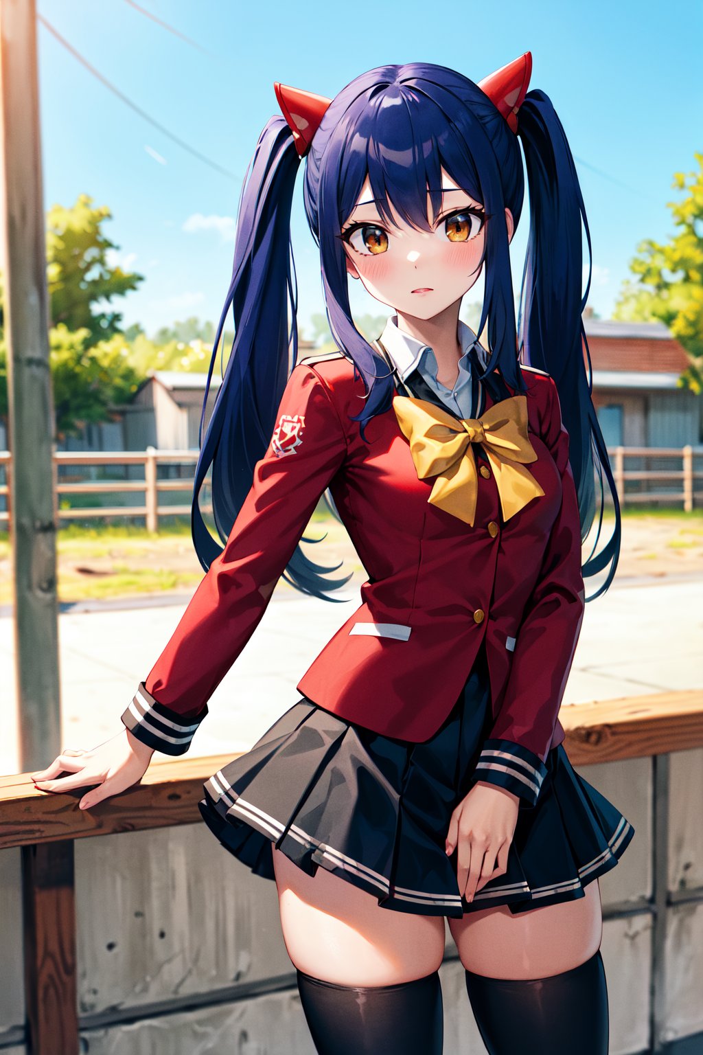masterpiece, best quality, highres, aawendy, long hair, twintails, hair ornament, school uniform, yellow bow, red jacket, long sleeves, black skirt, black thighhighs, <lora:wendy_marvell_v1:0.7>, standing, cowboy shot, outdoors,