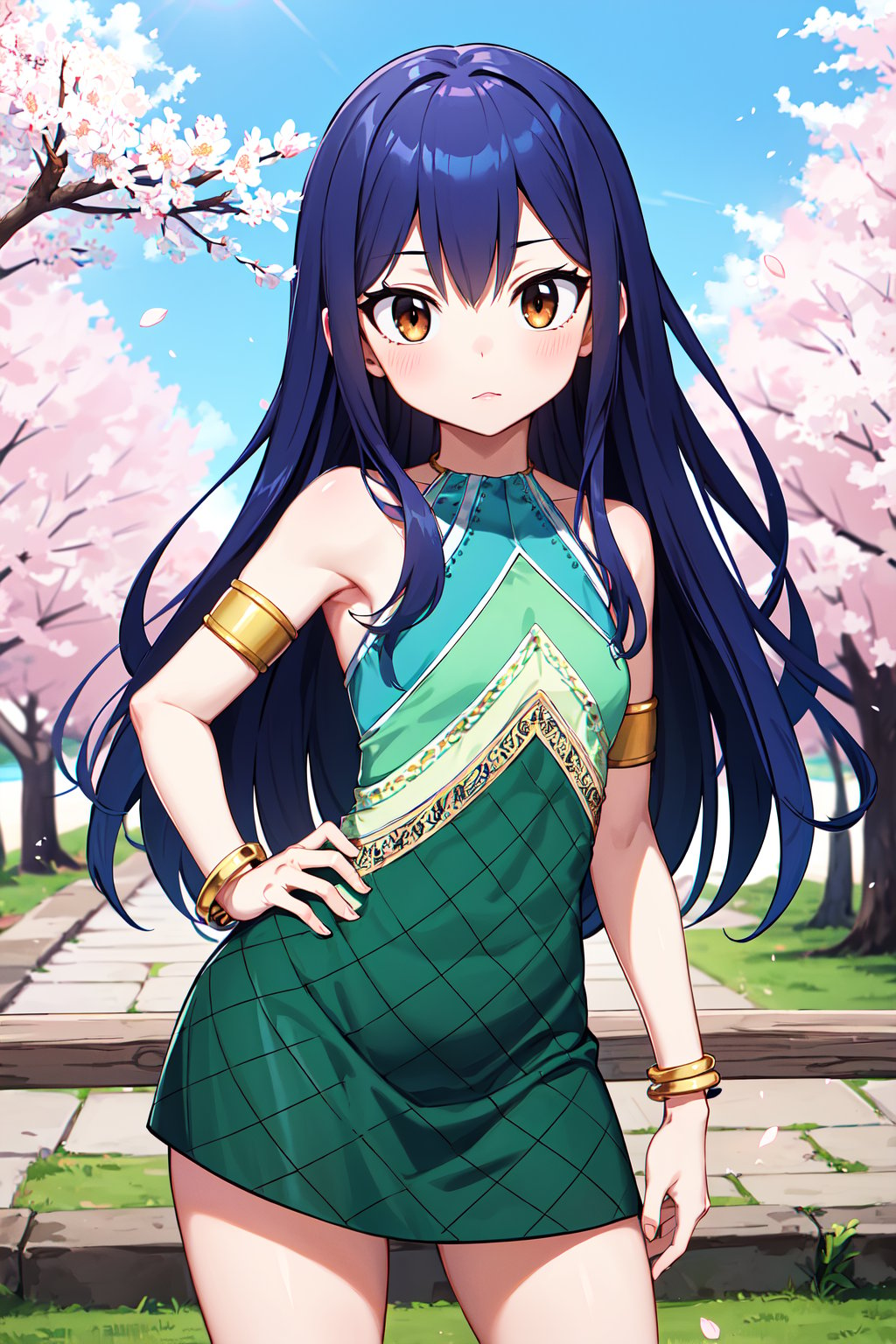 masterpiece, best quality, highres, aawendy, long hair, bare shoulders, green dress, sleeveless dress, armlet, bracelet, <lora:wendy_marvell_v1:0.7>, hand on hip, cherry blossoms, standing