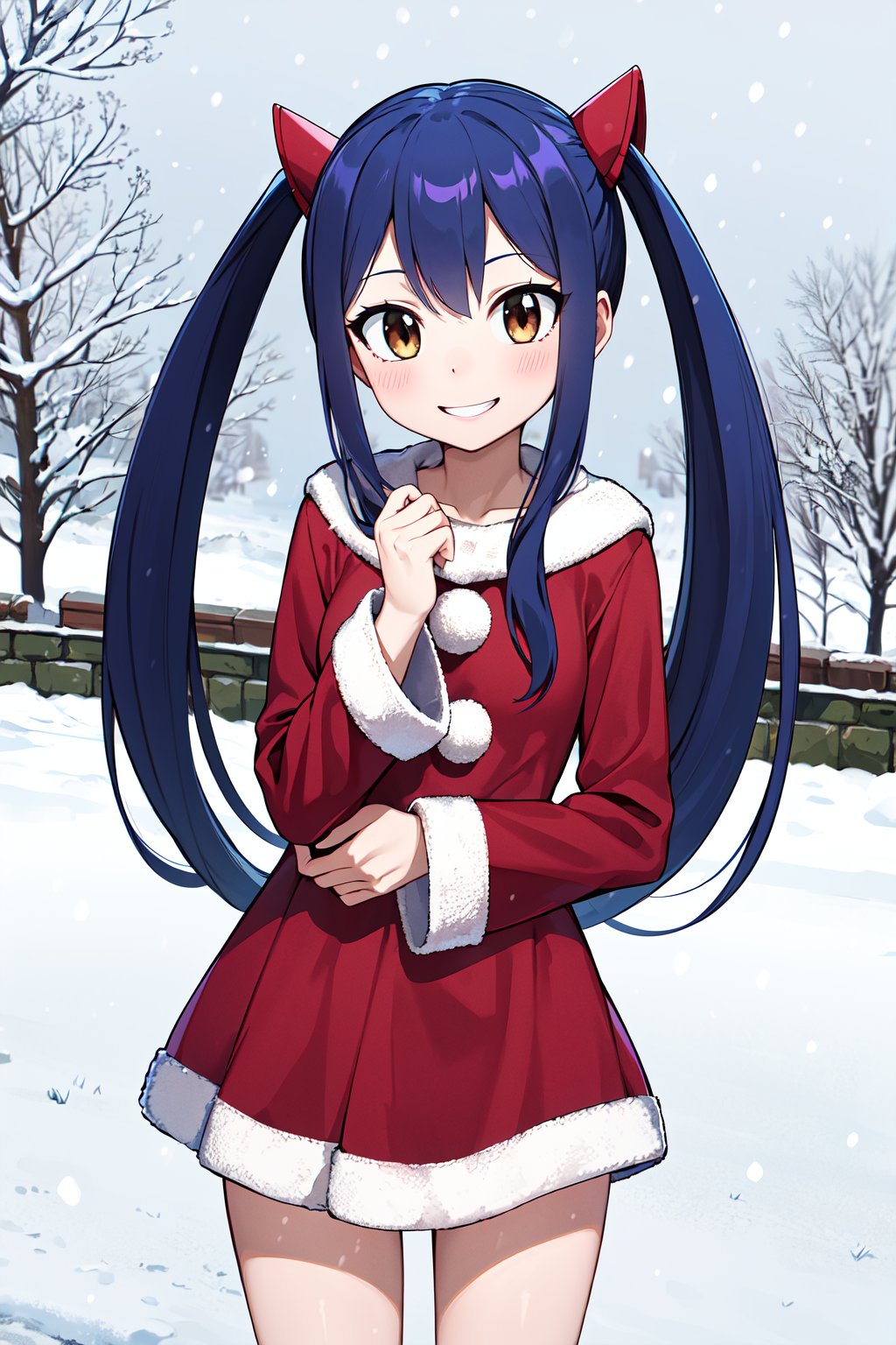 masterpiece, best quality, highres, aawendy, long hair, twintails, hair ornament, <lora:wendy_marvell_v1:0.7>, santa dress, snow, outdoors, smile,