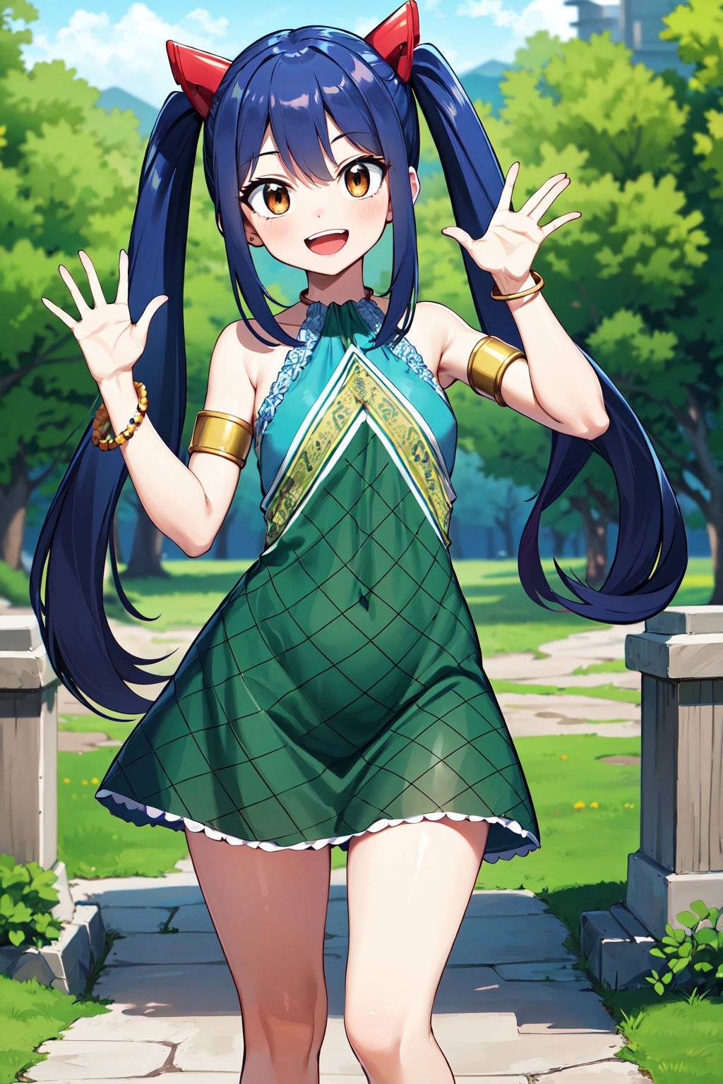 masterpiece, best quality, highres, aawendy, long hair, twintails, hair ornament, bare shoulders, green dress, sleeveless dress, armlet, bracelet, <lora:wendy_marvell_v1:0.7>, outdoors, standing, cowboy shot, smile, open mouth, waving