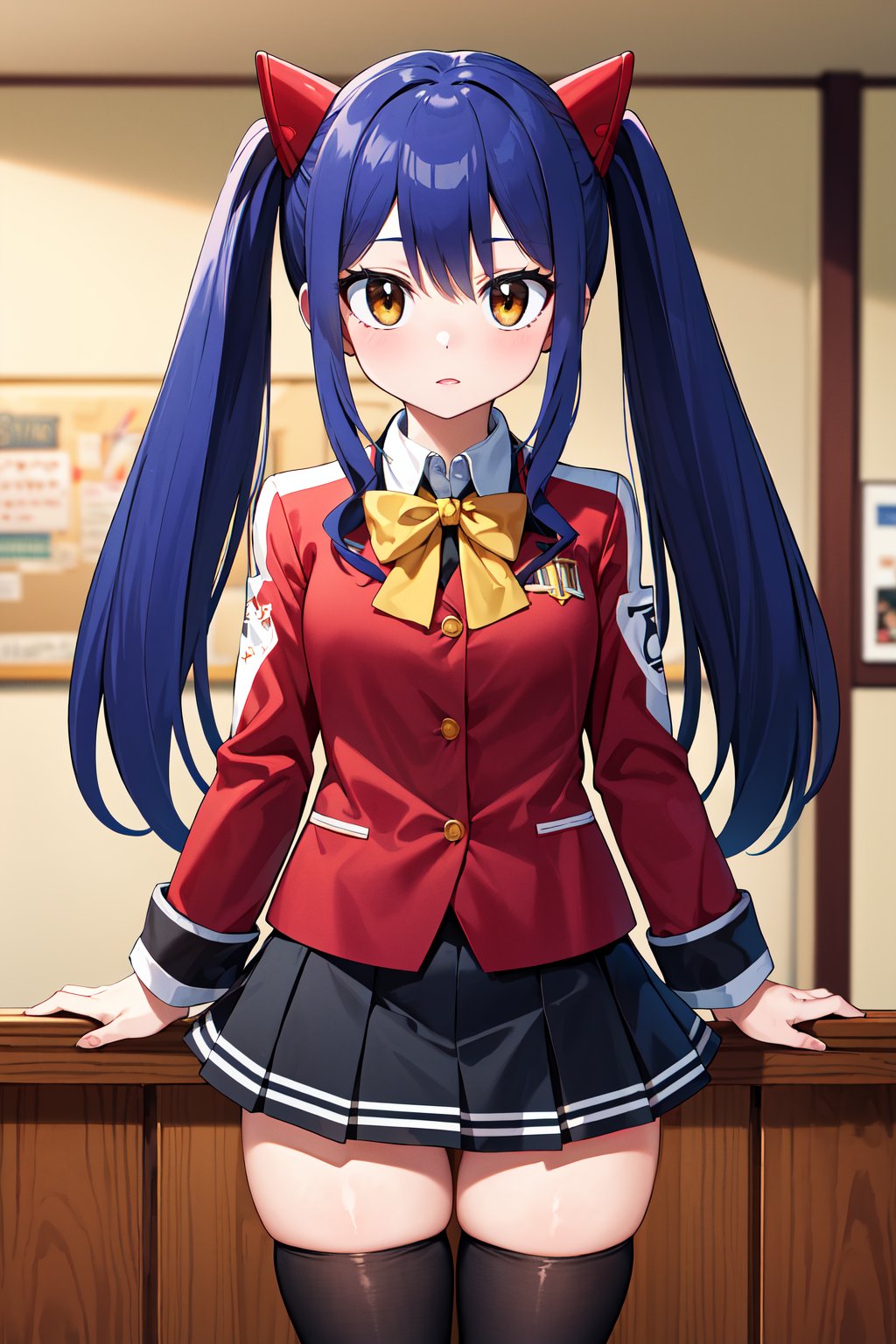 masterpiece, best quality, highres, aawendy, long hair, twintails, hair ornament, school uniform, yellow bow, red jacket, long sleeves, black skirt, black thighhighs, <lora:wendy_marvell_v1:0.7>, standing, cowboy shot, indoors, arms at sides, 