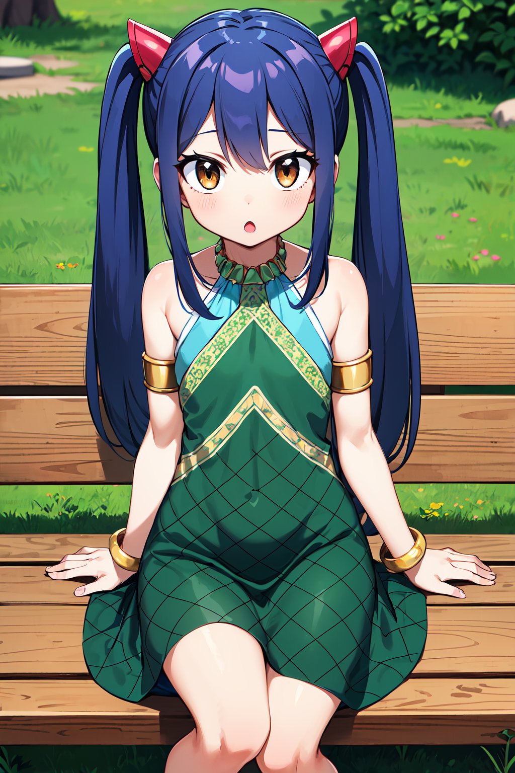 masterpiece, best quality, highres, aawendy, long hair, twintails, hair ornament, bare shoulders, green dress, sleeveless dress, armlet, bracelet, <lora:wendy_marvell_v1:0.7>, sitting, :o, bench,