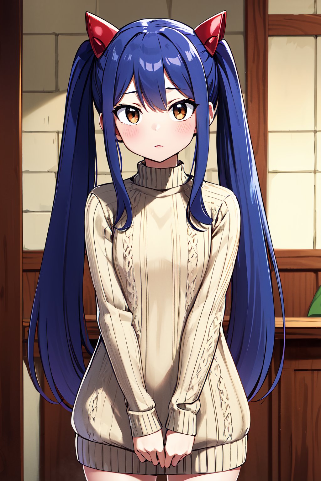 masterpiece, best quality, highres, aawendy, long hair, twintails, hair ornament, <lora:wendy_marvell_v1:0.7>, sweater dress, 