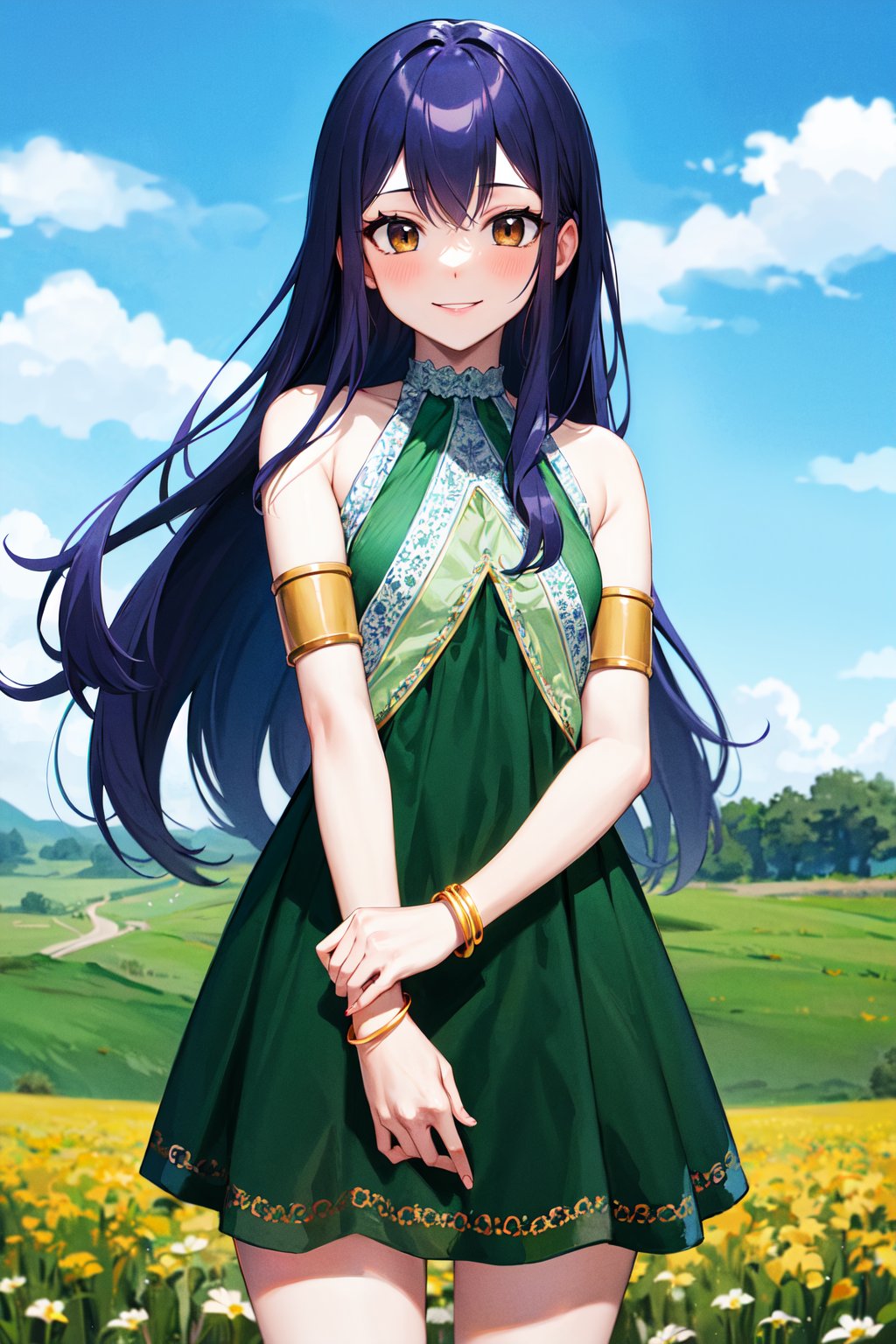 masterpiece, best quality, highres, aawendy, long hair, bare shoulders, green dress, sleeveless dress, armlet, bracelet, <lora:wendy_marvell_v1:0.7>, standing, cowboy shot, smile, field