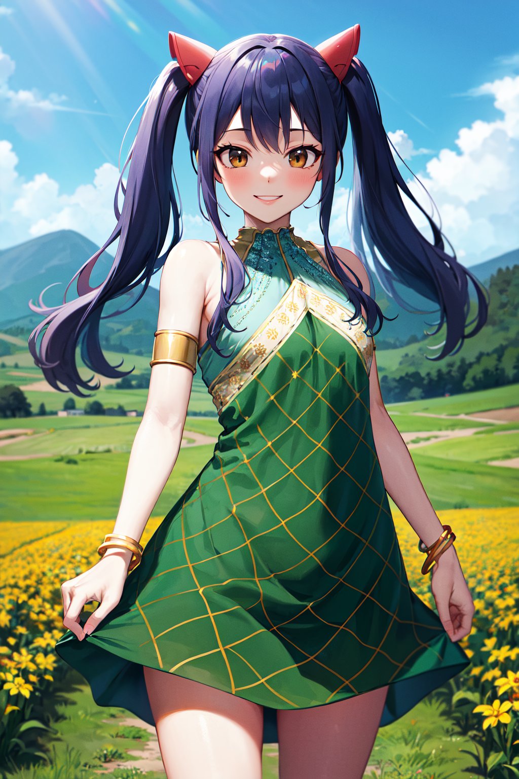 masterpiece, best quality, highres, aawendy, long hair, twintails, hair ornament, bare shoulders, green dress, sleeveless dress, armlet, bracelet, <lora:wendy_marvell_v1:0.7>, standing, cowboy shot, smile, field