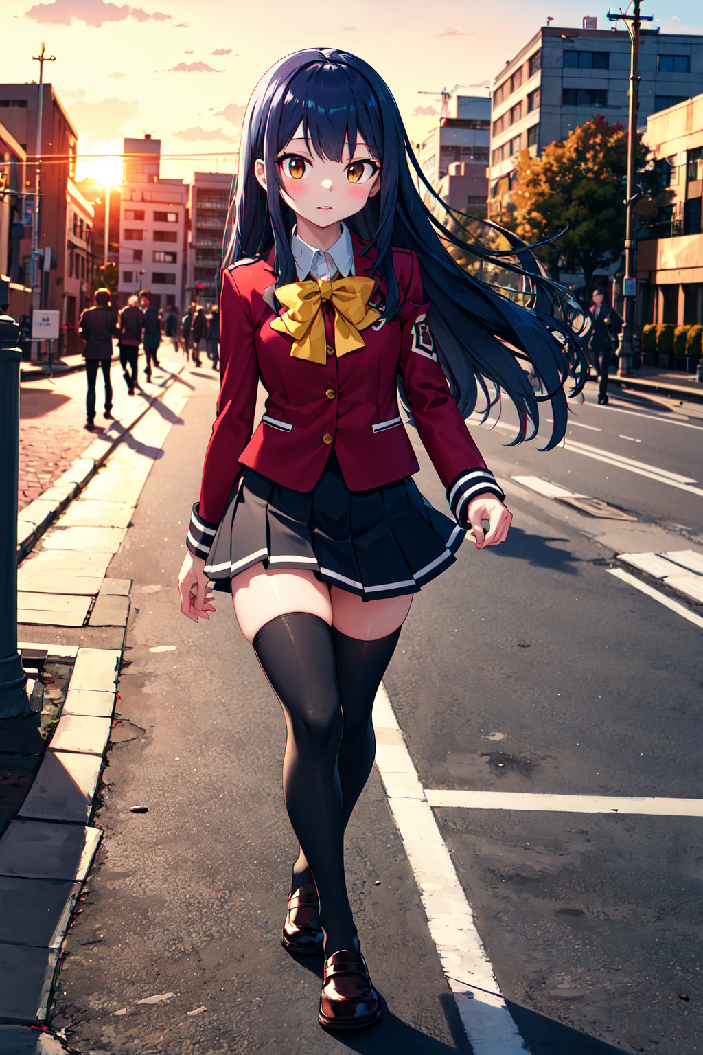 masterpiece, best quality, highres, aawendy, long hair, school uniform, yellow bow, red jacket, long sleeves, black skirt, black thighhighs, <lora:wendy_marvell_v1:0.7>, sunset, city, street, walking, 