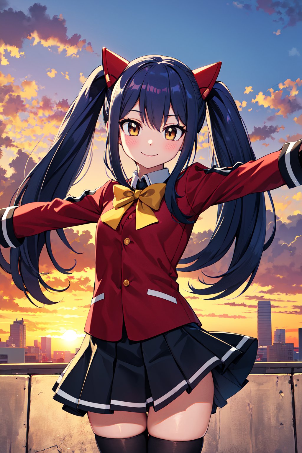 masterpiece, best quality, highres, aawendy, long hair, twintails, hair ornament, school uniform, yellow bow, red jacket, long sleeves, black skirt, black thighhighs, <lora:wendy_marvell_v1:0.7>, rooftop, sunset, outstretched arms, smile, city, cowboy shot